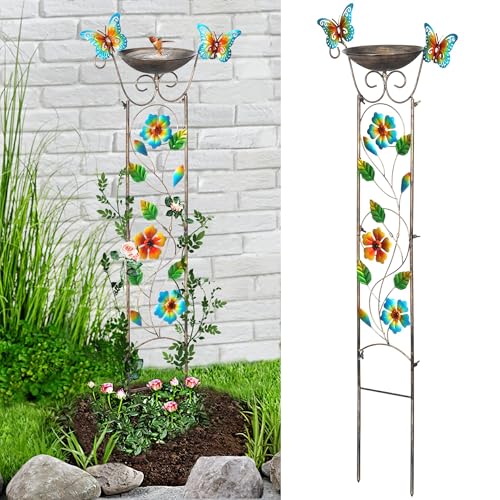 BAYN 43.5 Inch Metal Bird Bath Bowl with Garden Trellis Outdoor | Easy Install, Garden Birdbath and Plants Trellis 2 in 1, Decorative with Floral, Functional Decor for Yard Patio Lawn - style: Floral-Butterfly