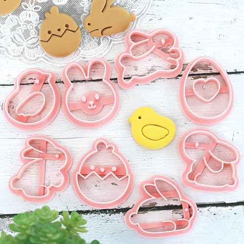 8pcs Mini Easter Cookie Cutters, Bunny, Egg & Chick Shapes | One-Touch Raised Design Easter Cookie Stamps for DIY Baking, Decorating, and Party Fun