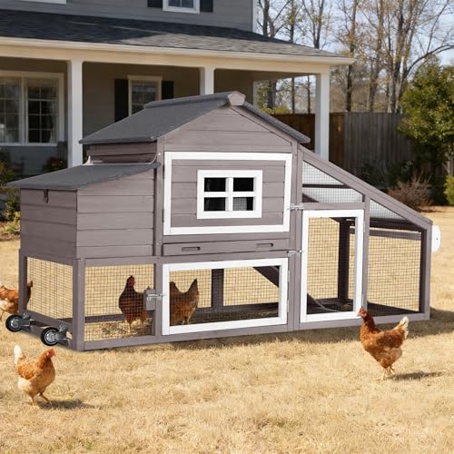 Mobile Chicken Coop with Wheels, Duplex Outdoor Chicken House with Expandable Run, Slide-Out Tray, Weatherproof Roof, Predator-Proof Hen House - Brown - color: 72.3"L Brown