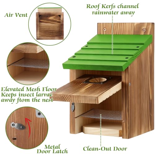 Dreyoo Bluebird Houses for Outside, 1-1/2” Entrance Hole Wooden Bird Houses for Outdoor with Metal Predator Guard, Secure Latch, Fledgling Grooves, Air Vents(Green Roof, Burnt Wood Body) - color: Green Roof, Burnt Wood Body