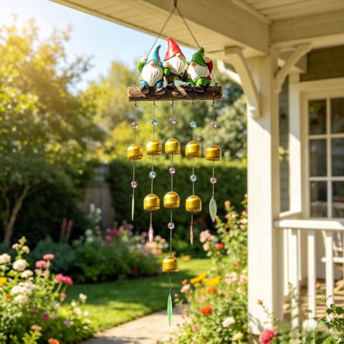 Gnome Wind Chime for Outside, Resin Wind Bells for Garden Decor | 29" Wind Chimes Outdoor with 3 Resin Gnome Statues and 8 Metal Bells, Soothing Tone Wind Bell Chimes, Housewarming Gifts - size: Gnomes