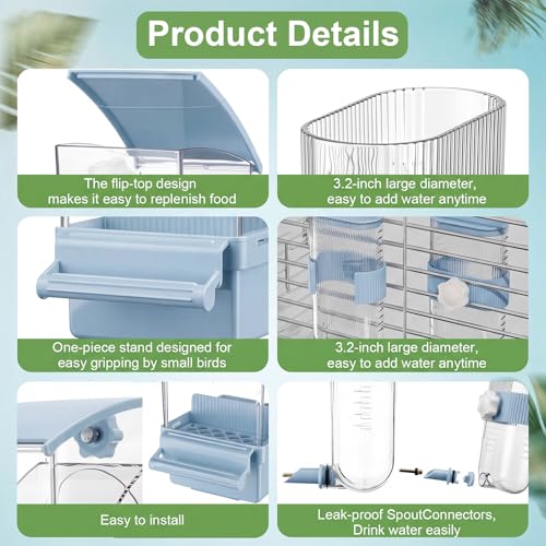 Novabright No Mess Bird Feeder Water Dispenser Set, Automatic Transparent Bird Food Container and 12 oz Automatic Water Feeder for Small Birds Parrot, Cockatoo, Canary, Cage, Lovebird, Budgies(Blue) - color: Blue