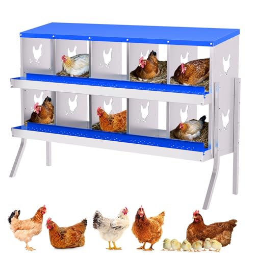 Chicken Nesting Box, 10 Compartment Galvanized Steel Chicken Laying Boxes, Heavy Duty Rustproof Chicken Coop with Easy Egg Collection for Backyard Farms - with Bracket Legs, Blue - color: Blue, size: 10 compartments, with bracket