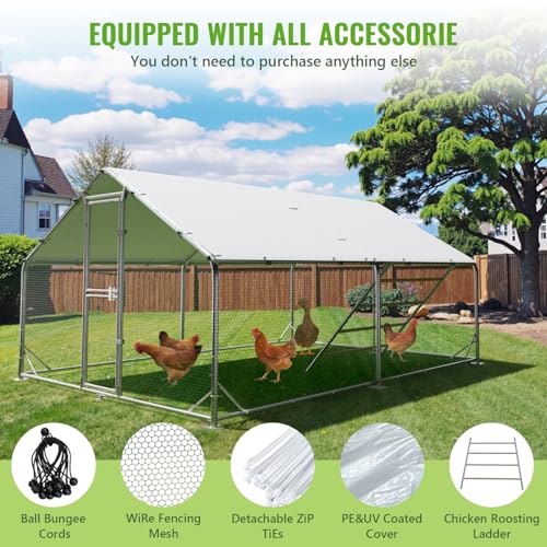 Large Metal Chicken Coop Runs for Yard with Cover, 10x13x6.5 | Perch Bars, Split Doors, Waterproof Covers, Mesh Wire - color: Spire Top, size: 157.5"L x 118.1"W x 78.7"H