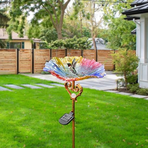 Garden Decor Gifts Solar Glass Blue Bird Bath Yard Art Garden Outdoor Birdbath with Metal Stake with White LED Light Metal Stake Garden for Women - color: Multicolor