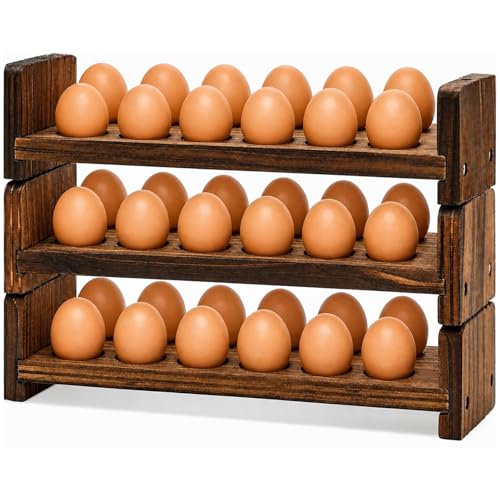 Wooden Egg Holder for Countertop 3 Layer Rack for 36 Eggs Stackable Storage Tray Organizer Rustic Home Kitchen & Country Decor Uneven Color Crafts, Need to Assemble