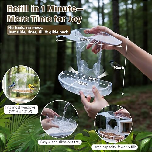 Window Bird Feeder with 5 Acrylic ID Cards - Clear Bird House for Outside with Removable Tray & Drain Holes - 4 Strong Suction Cups, Panoramic View for Wild Birds, Cat TV, Nature Gift
