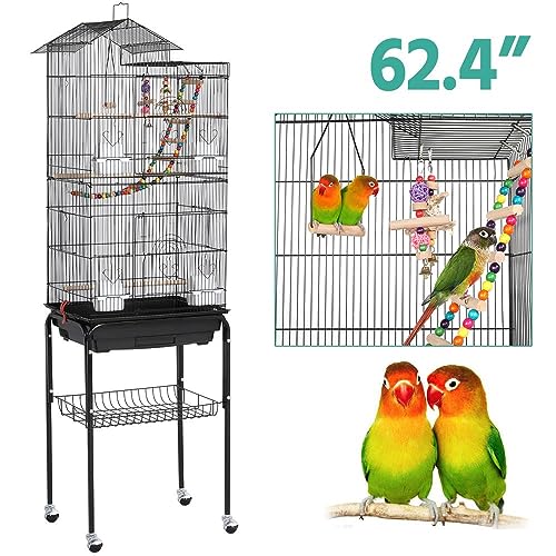 Yaheetech Bird Cage 64'' Medium Small Parrot Parakeet Bird Cages with Detachable Rolling Stand for Parrot Lovebirds Finches Parakeets Budgie Parrotlet Conures, Pet Flight Birdcage - color: Black