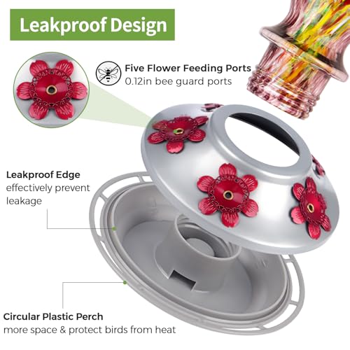 Glass Hummingbird Feeders for Outdoors Hanging with ant Moat, Purple | Hand Blown, 24oz, 5 Bee-Proof Ports, 360° Perch, Leak-Proof, Easy Refill & Clean, Garden Decor, Gifts for Mom Dad Women Men - color: Purple Raspberry