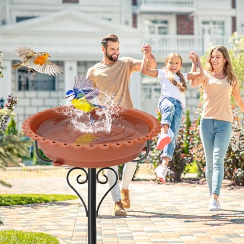 Bird Bath for Outside,12" Plastic Removable Bowl,Brown | Heavy Duty Metal 5 Prongs Base,Easy CLean,Weather-Resistant,Rust-Proof,40" Freestanding Birdbath for Garden Patio Yard Lawn - color: Brown-Freestanding