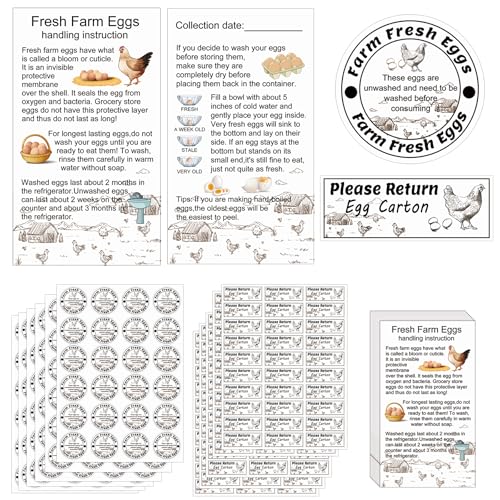 Egg Carton Label Kit, 1400 Pieces, Stickers and Handling Cards | 200 Egg Handling Instructions Stickers for Farm Fresh Eggs 600 Farm Fresh Eggs Stickers - color: Egg Set