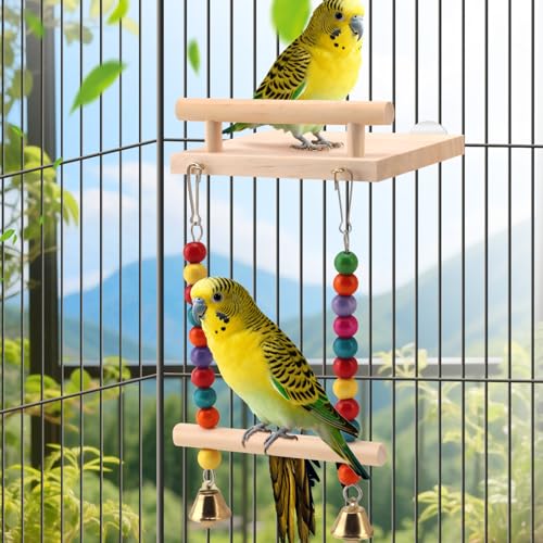 Natural Wood Bird Swing & Perch Platform for Cage | Fits Small Parrots (Budgies, Cockatiels) | Multi-Level Habitat Gym for Swaying & Hopping | Tool-Free Mount