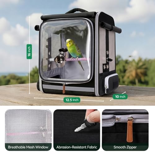 Mancro Bird Carrier Backpack for Small Birds, Cockatiel, Parrot | Bird Backpack with Tray and Standing Perch, Bird Travel Carrier Cage with Clear Window & Breathable Mesh Front for Vet Visits