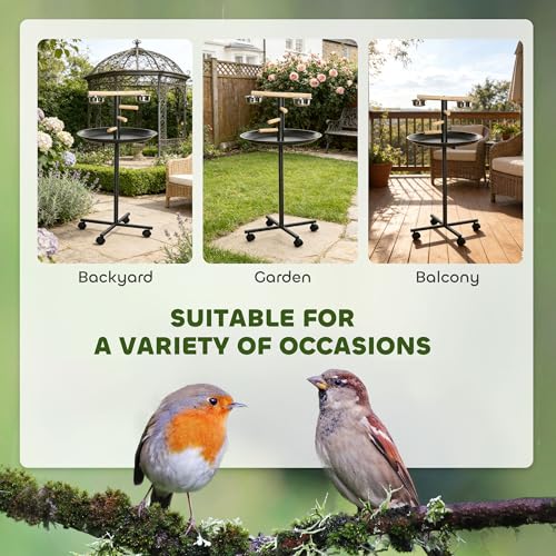 PawHut Bird Play Stand, Portable Parrot Perch, Bird Feeder Station, with Four Wheels, Stainless Steel Feeding Bowls, Round Tray, Grey | Bird Feeder Station, Stainless Steel Feeding Bowls
