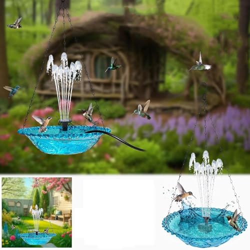 Hanging Bird Bath Fountain, Blue Glass Hanging Bird Bath with Water Fountain, Decorative Outdoor Bird Bath for Garden Yard Patio, Bird Water Feeder for Wild Birds