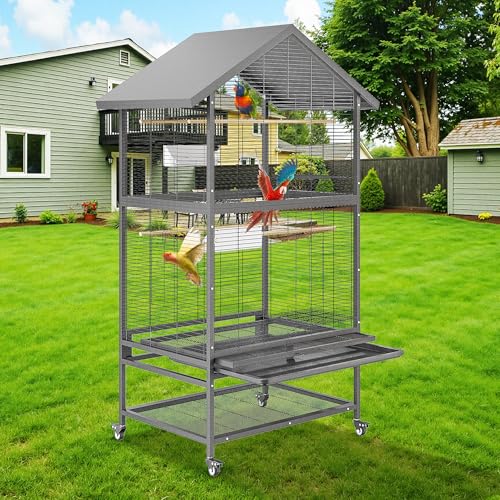 65.7 Inch Wrought Steel Bird Cage with Pull-Out Tray/Lock,Large Flight Cage with Feeding Bowl/Stand/360° Swivel Casters for Cockatiels, Greys, Parakeets, Budgies, Conures, Pigeons, Canaries, Lovebirds