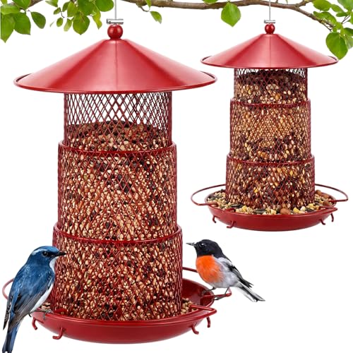 SiliFine 2 Pack Red Metal Bird Feeder for Outdoor Hanging 4 Lbs Large Capacity Squirrel Proof Wild Bird Feeder Heavy Duty Metal for Finch Cardinal Blue Jay Outside Garden Yard Decor