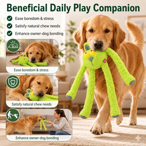 Squeaky Dog Plush Chew Toy, Interactive Tug Squeaky Toy for Chewers, Medium & Large Dogs, 31.5 Inch Stuffed Swinging Rabbit Toy with Stretchable Limbs for Gum Care & Boredom Relief, Neon-Green - color: Neon Green (Swinging Rabbit)
