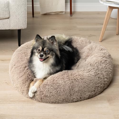 PetAmi Calming Donut Dog Bed, Washable Faux Fur, 23 Inch Small, Taupe | Warm Shaggy Faux Fur and A Deep Nest Help Anxious Pets Curl Up and Sleep Soundly. Perfect for Puppies, Cats, and Rescues. - color: Taupe, size: Small - 23"