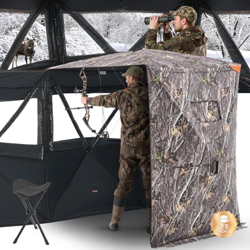 VEVOR Hunting Blind，See Through Ground Blinds with Carrying Bag, 360 Degree Portable Camouflage Tent，Durable Concealed Shelter with Silent Side Door and Window, for Turkey and Deer - size: 2-3 Person（Thermal）