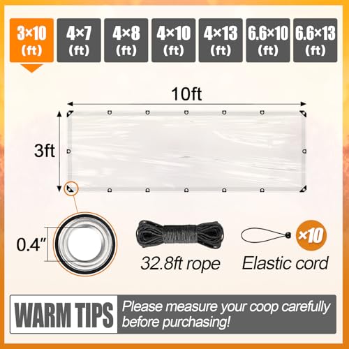 MEWTOGO 3x10ft Chicken Coop Covers Accessories for Winter | Easy to Install & Waterproof Chicken Run Tarp, with Elastic Cords & Rope - size: 3x10ft