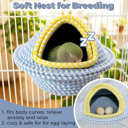 Natural Hand-Woven Cotton Bird Nest for Cage, Sturdy Cozy Parrot Bed | For 1-2 Parrots, Nest & Breeding House, Hanging Bird Hut for Budgie, Lovebird, Small Bird Sleeping Bed Hideout & Shelter