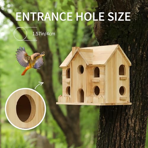 10-Hole Wooden Bird House for Outside, Hanging Birdhouse | Cedar wood backyard birdhouse for small wild birds, ready to hang with entry holes and 11 x 7 x 9 in size
