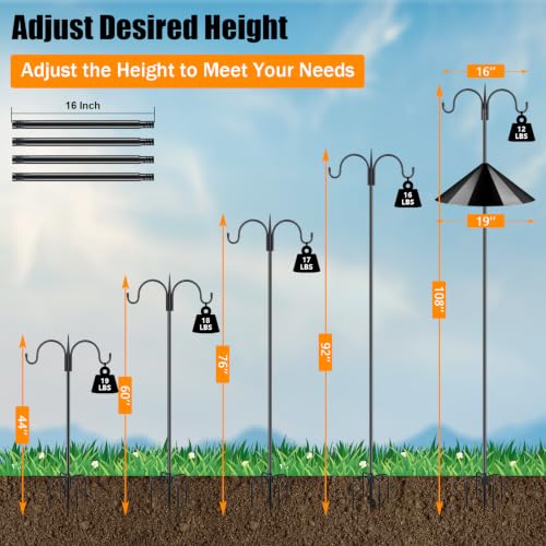 Heavy Duty Shepherds Hook Squirrel-Proof Bird Feeder Pole 108" Double Hooks 5-Prong Base & 19" Baffle for Outdoor Feeders & Plants - color: w/ Squirrel Baffle, size: 108" Double Hook