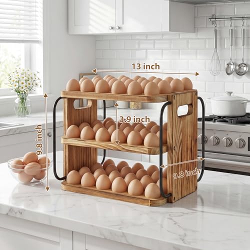 Wooden Egg Holder Countertop for Fresh Eggs with Handle | 3 layer, fresh egg holder countertop, stackable with 90 eggs for countertop to store chicken/duck/hand painted/easter egg - color: Pine