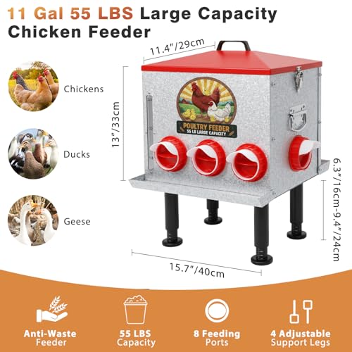 55LB Large Automatic Chicken Feeder with View Window & No-Waste Food Tray | 8 Feeding Ports Galvanized Steel Raised Chicken Feeder with Waterproof Locking Lid & Height Adjustable Stand for Ducks, Geese