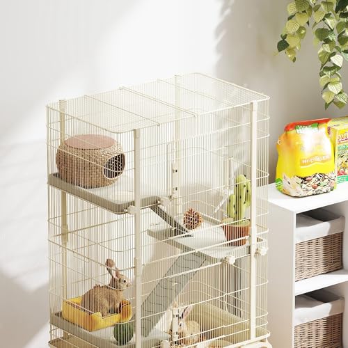 PawHut 47" Small Animal Cage, 4 Levels Large Rolling for Syrian Beige | Metal Ferret Chinchilla Rabbit Cage, 5.9" Deep Tray, 3 Ramps, Water Bottle, Food Dish, Squirrel