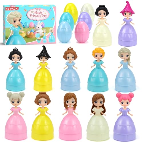 12PCS Pre Filled Easter Eggs Gifts for Kids with Transforms into Princess Toys Easter Basket Stuffers Easter Eggs Hunt Easter Party Favor Prize Classroom Rewards Toys for Girls