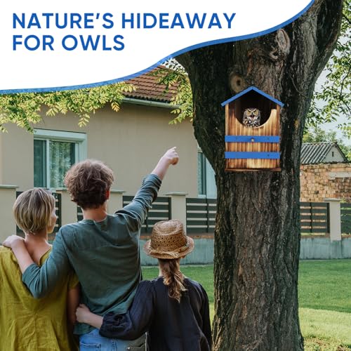 Owl House, Wood Screech Owl House Bird Box with Shavings Owls Boxes for Outside, Owls Nesting Box with Perch Stand & Mounting Kit for Wildlife Habitat Shelter Lovers(Blue) 13.5x7.5x8.7in