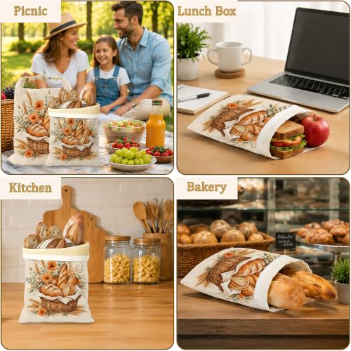 2 Pack Beeswax Basket Floral Bread Bags for Sourdough, Reusable Linen Golden Wheat Bread Bag 17x13'' Food Storage Cloth Bag Freezer-Friendly & Freshness Preservation - color: Basket Floral