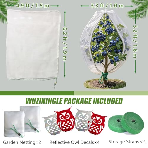 Fruit Tree Netting Cover with Drawstring, 2 Pack 4.9x6.2 ft Bird Barrier Mesh for Blueberry Bushes/Vegetables, Bonus 4 Owl Scare Tapes & 2 Fastening Straps - size: 4.9×6.2 ft