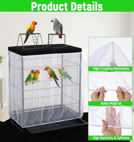 2 Pcs Bird Cage Seed Catcher, Bird Cage Net Cover Seed Catcher Guard Nylon Net Cover, Adjustable 137.8-196.9 Inches Circumference (Black & White, XL)