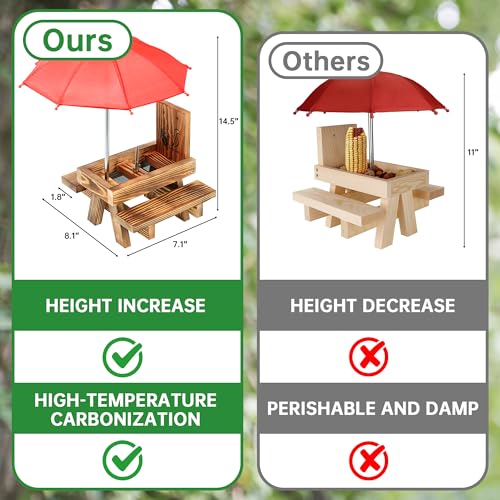 Squirrel Feeder for Outside with Umbrella, Carbonized Wood Squirrel Picnic Table Feeder with Corn Cob Holder & Peanut Tray, Durable Picnic Table for Squirrel and Chipmunk, New Premium Gift (Brown-red) - color: Brown-red