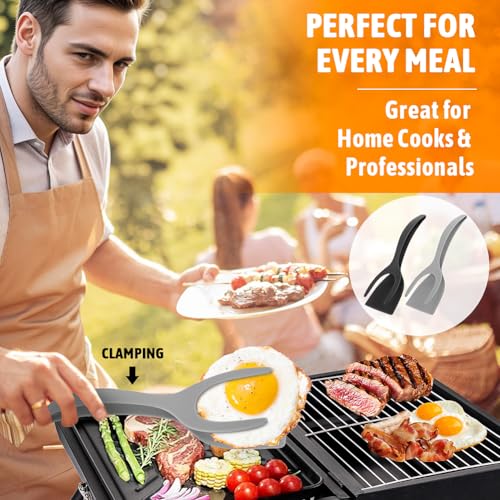 2 in 1 Egg Flipper Spatula, Non-Stick Grip and Flip Spatula Tongs for Pancakes, Omelets, Fish, Eggs, Burgers, Steaks, Heat Resistant Cooking Tool for Kitchen use (Black+Grey) - color: Black+Grey
