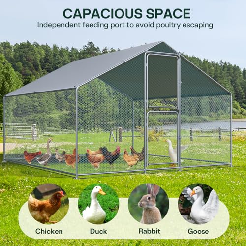 Large Metal Chicken Coop with Run, Waterproof & UV Protected Cover, Holds Up to 30 Chickens. Double Lock Doors, Spire Roof Design, Ideal for Hens, Ducks and Rabbits (13.1 x9.8 x 6.6 FT)