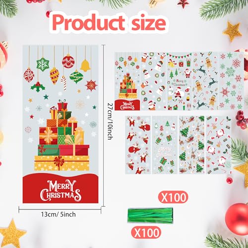 CUUSNNY 100 PCS Christmas Cellophane Treat Bags,9 Styles Clear Xmas Candy Goodie Bags with Twist Ties for Holiday Party Favors,Santa Claus Snowman Snowflake Gift Bags - color: Christmas