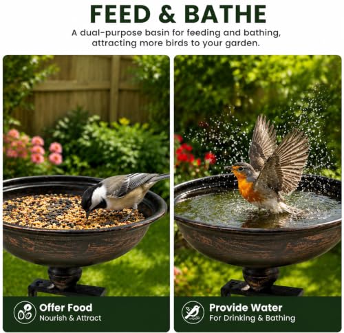 12 Inch Deck Mounted Bird Bath & Bird Feeder for Deck Railing, Clip On | Clamp On Bird Feeder, Porch Bird Bath, Fence Mount Railing Bird Feeder, Patio Garden, Rust Resistant Solid Metal 2-in-1