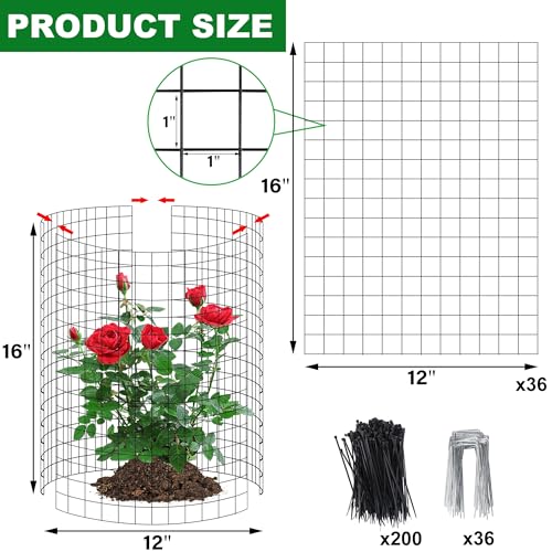 winemana 12 Set Garden Plant Protector Cage,36 Pcs 16x12 in Metal Wire Protectors for Plants Protection Cages with Stakes Ties Animals Barrier to Keep Rabbit Chicken Away from Flower Vegetables(Black) - color: Black, size: 16 IN x12 IN