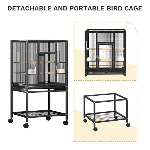 DWVO 41-inch Metal Bird Cage | Large Parrot Cages with Rolling Stand - Features Tray, Food Boxes & Wooden Perches - color: Black, size: 19.0"L x 18.1"W x 40.5"H