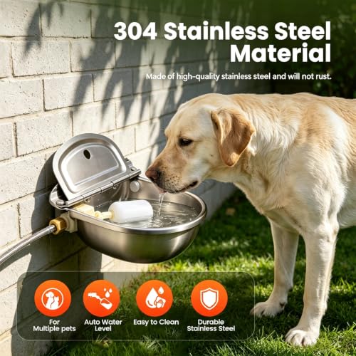Automatic Dog Water Bowl Dispenser 304 Stainless Steel Dog Waterer | Wall Mounted, Metal Outdoor Heavy Duty Auto Self Filling Animal Water Feeder for Dogs Cats, with Float Valve and Drain Plug