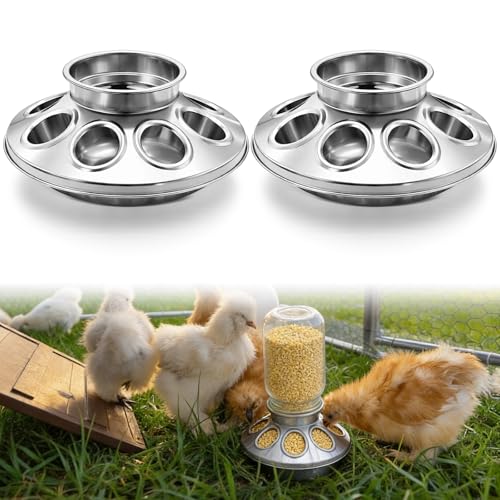 Potchen 2 Pcs Baby Chick Feeder Base, Galvanized Steel Poultry Feeding Tray with 8 Holes, 1 Quart Compatible with Mason Jars & Standard Feeder Jars for Small Birds Chicks - style: Feeder