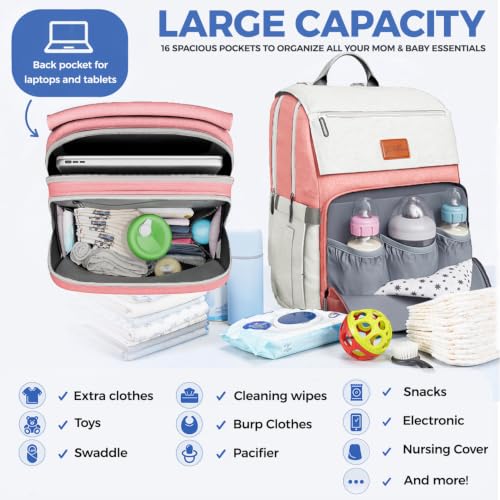 Baby Diaper Bag Backpack - Toddler Backpack - Baby Bag for Girls & Boys, Large Waterproof Diaper Backpack - Diaper Bags with Changing Pad, Best Baby Shower Gifts - Stylish Pink Cute Diaper Bag - color: Q. Pink Off White, style: Classic