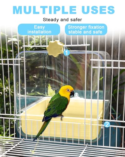 Hanging Bird Bath for Cage, 3 in 1 Multifunction Bird Bath/Bowl/House, Bird Cage Accessories Suitable for Small to Medium Birds Parakeet, African Grey, Conure, Cockatiel(6.8X6.8X6.8 inch Yellow) - color: Yellow