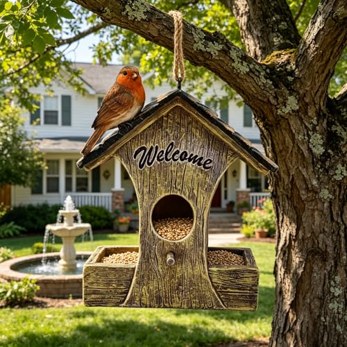 Charming Rustic Bird House with Feeder for Outside Unique Welcome Birdhouses Waterproof Garden Decor Yard Porch Tree Hanging Bird Nest for Bird Lovers Mom Housewarming