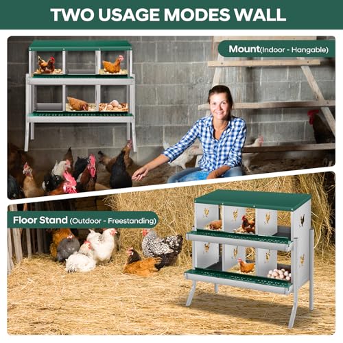 GarveeLife Chicken Nesting Box, 6 Compartments Nesting Box for Chickens, Two-Tier Galvanized Steel Chicken Egg Laying Box with Large Vented Holes Wall Mounting for Easy Egg Collection - color: Green | 6 Compartments