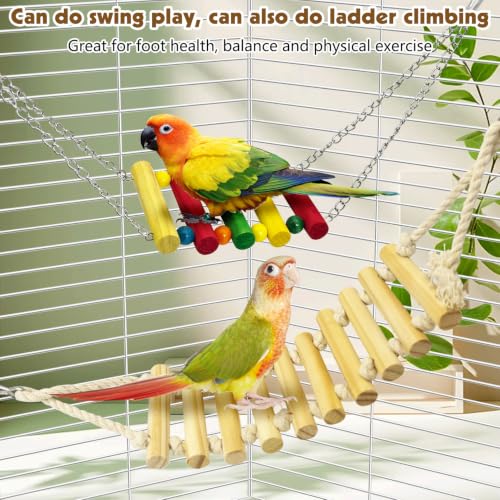 PINVNBY 2 PCS Bird Rope Ladder Bird Bridge Swing Hammock Toys Made of Natural Wood and Rope Parakeet Cage Accessories for Parrot Budgie Conure Cockatiel (Natural Wood) - color: White
